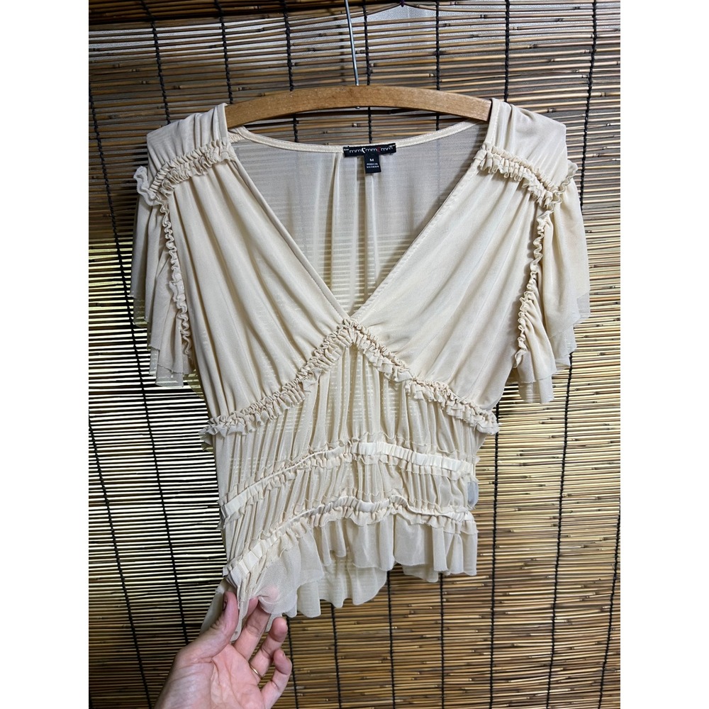 Cream Mesh Ruffle Smocked Blouse V-Neck Flutter Sleeve Top M